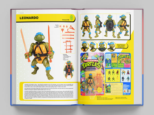 Book open to a page about Leonardo from Teenage Mutant Ninja Turtles with action figure and packaging.