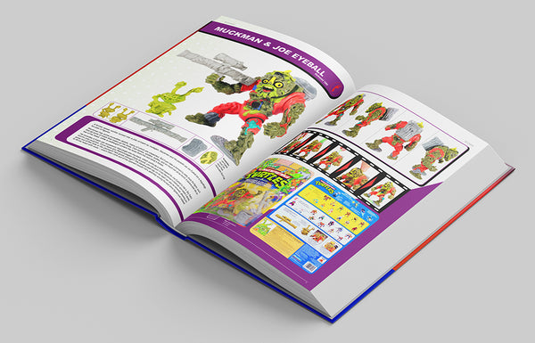 Book open to a page about Muckman and Joe Eyeball from Teenage Mutant Ninja Turtles with action figure and packaging.