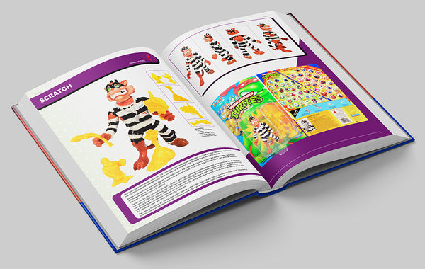 Book open to a page about Scratch from Teenage Mutant Ninja Turtles with action figure and packaging.